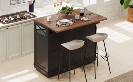 K&K 46.5'' Farmhouse Kitchen Island with Drape of Beads, Power Outlet, Rolling Kitchen Cart on Wheels with Drop Leaf, 3 Doors