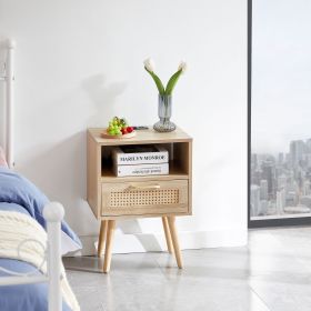 15.75" Rattan End table with Power Outlet & USB Ports , Modern nightstand with drawer and solid wood legs, side table for living room, bedroom,na