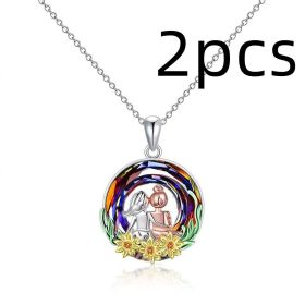 Stained Crystal Glass Sunflower Round Necklace (Color: 2pcs Sister necklace)