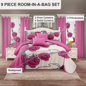 9 Piece Soft All-Season Washed Microfiber Cover Set , Queen/King/Calking Bedding Set With Pillowcases,Bedspread Print Curtains & Solid Curtains,P (Color: Pink/White Rose, size: king)
