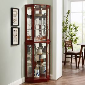 6 Shelf Corner Curio Display Cabinet with Lights, Mirrors and Adjustable Shelves, Cherry(E26 light bulb not included) (Color: as Pic)